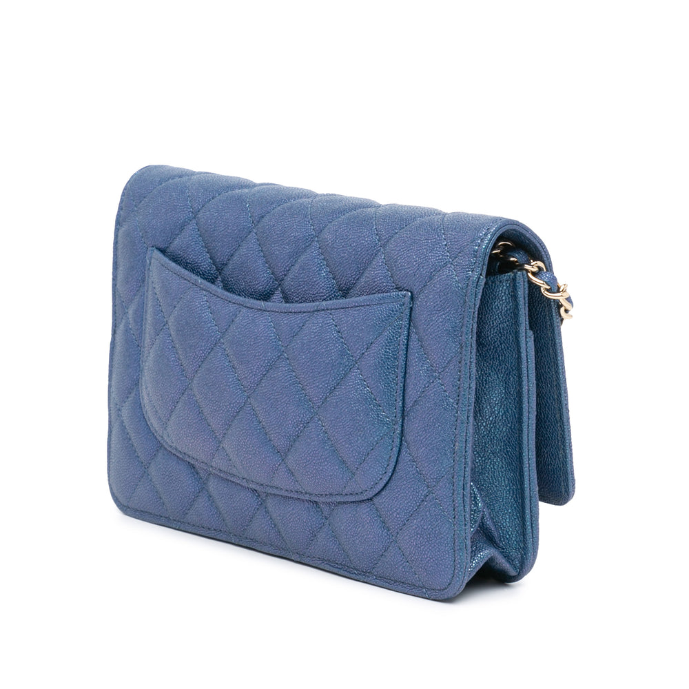 CC Quilted Iridescent Caviar Wallet on Chain Blue - Gaby Paris