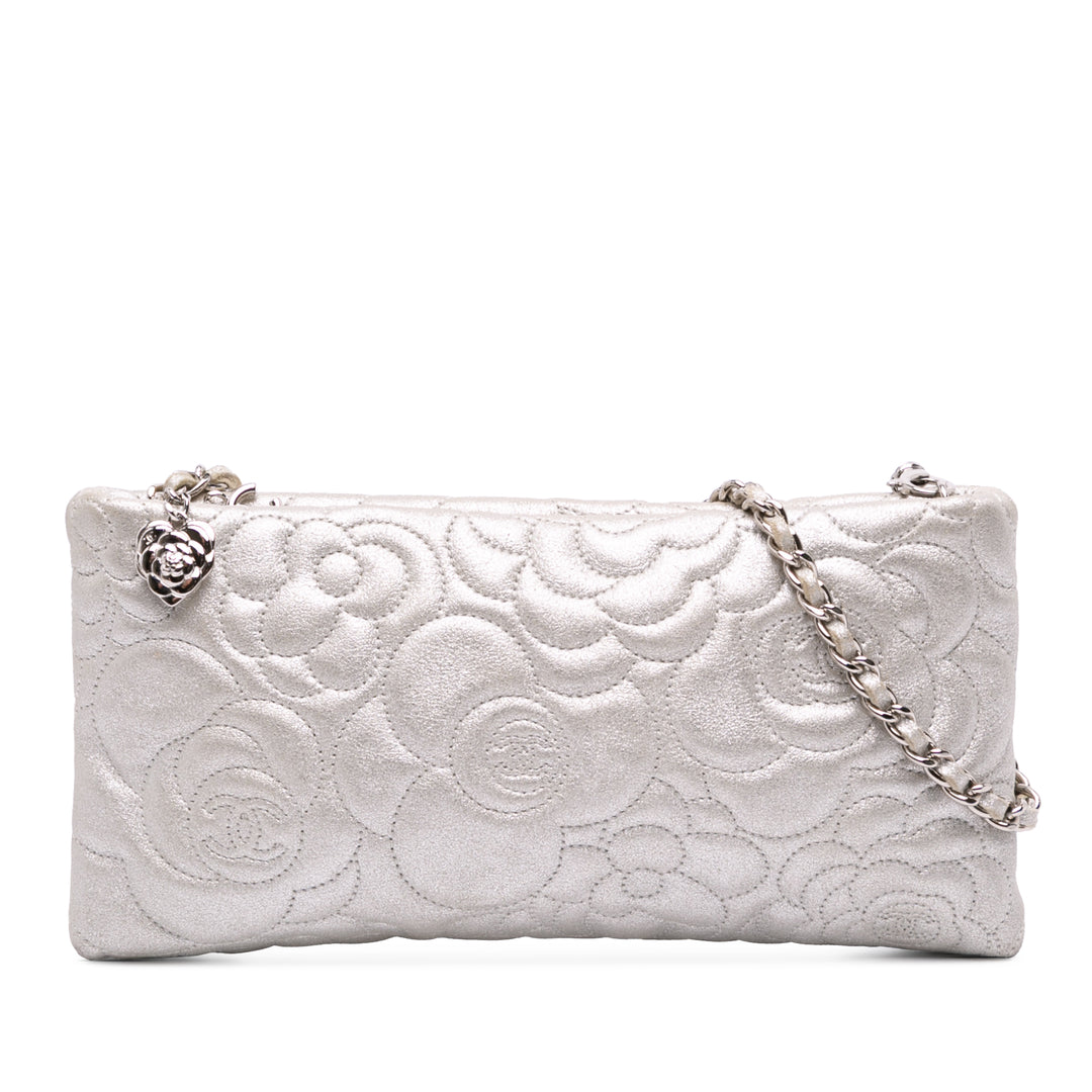 Embossed Metallic Lambskin Camellia Chain Pochette Silver - Gaby Paris