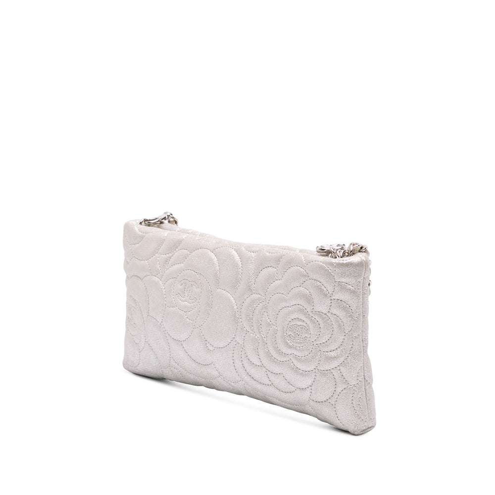 Embossed Metallic Lambskin Camellia Chain Pochette Silver - Gaby Paris