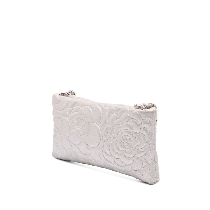 Embossed Metallic Lambskin Camellia Chain Pochette Silver - Gaby Paris