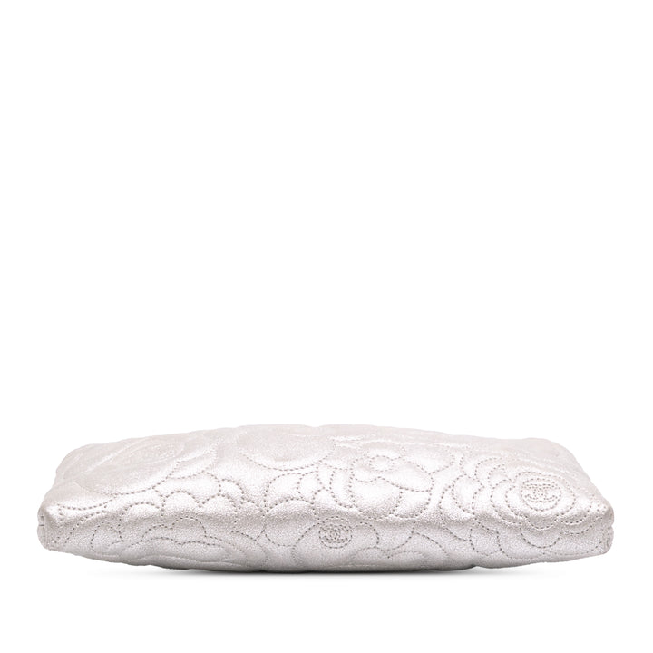 Embossed Metallic Lambskin Camellia Chain Pochette Silver - Gaby Paris