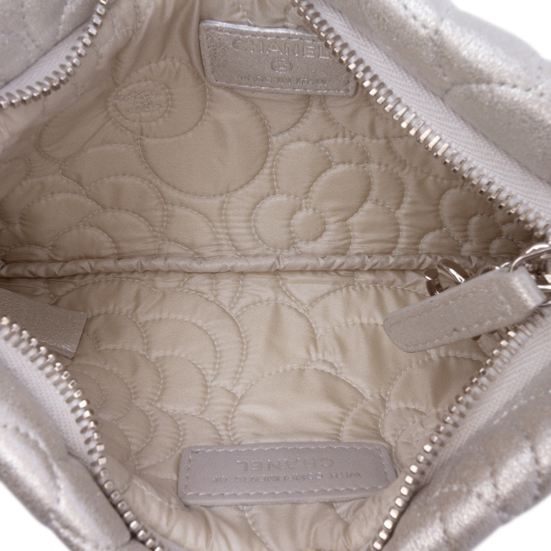 Embossed Metallic Lambskin Camellia Chain Pochette Silver - Gaby Paris