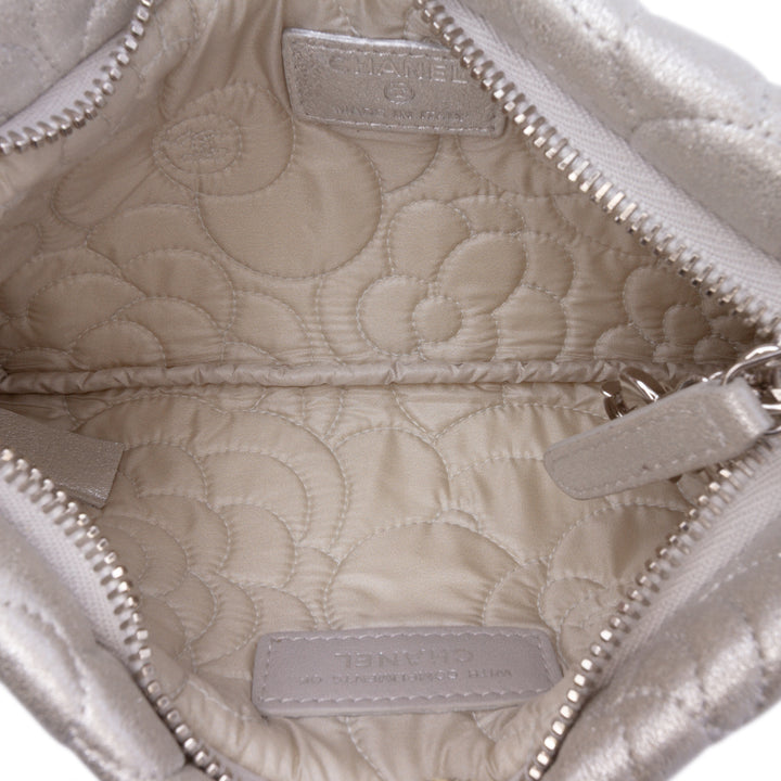 Embossed Metallic Lambskin Camellia Chain Pochette Silver - Gaby Paris