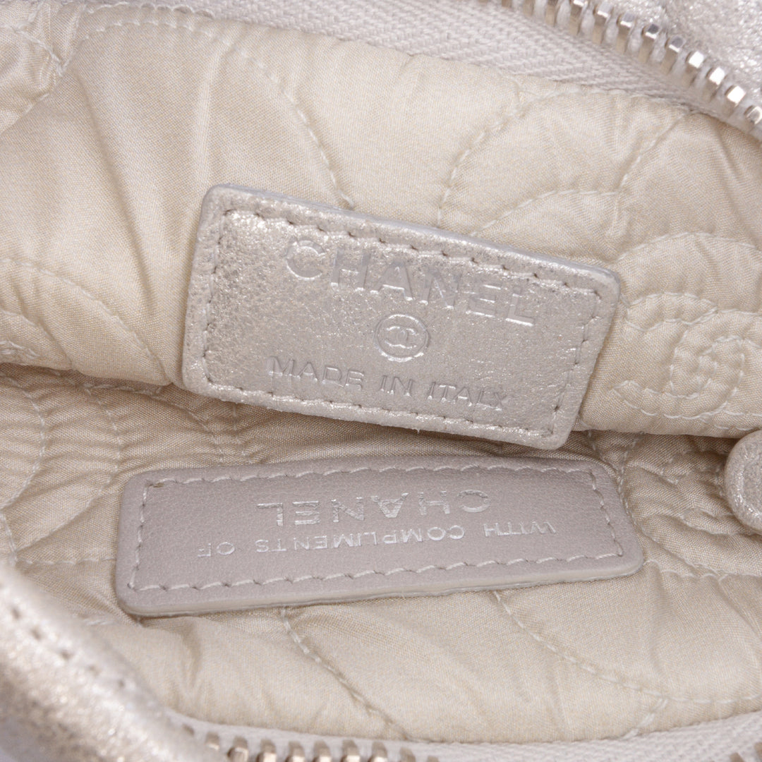 Embossed Metallic Lambskin Camellia Chain Pochette Silver - Gaby Paris