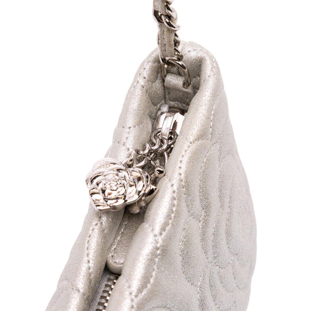 Embossed Metallic Lambskin Camellia Chain Pochette Silver - Gaby Paris
