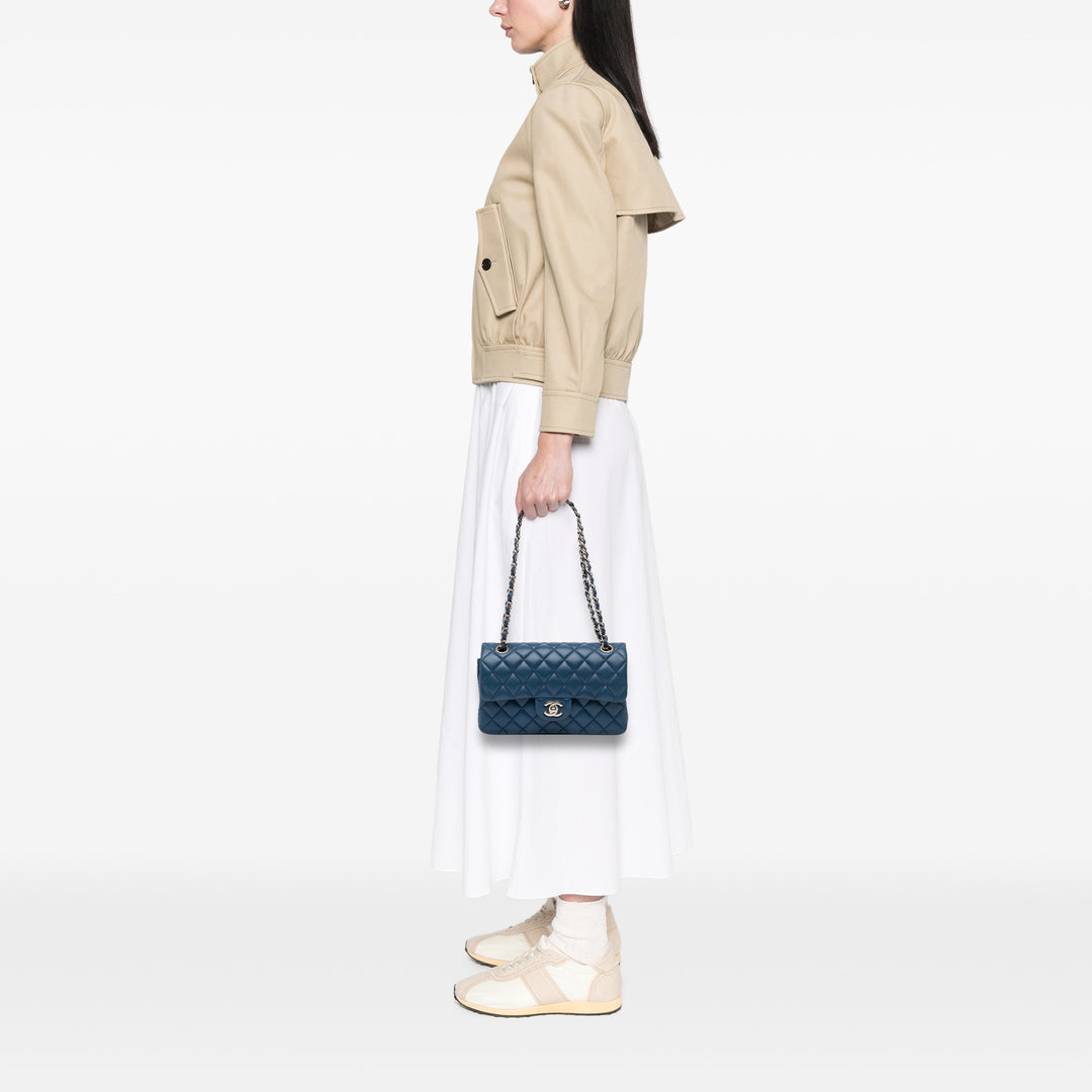 Chanel Small Classic Cuir d’agneau Double rabat Bleu