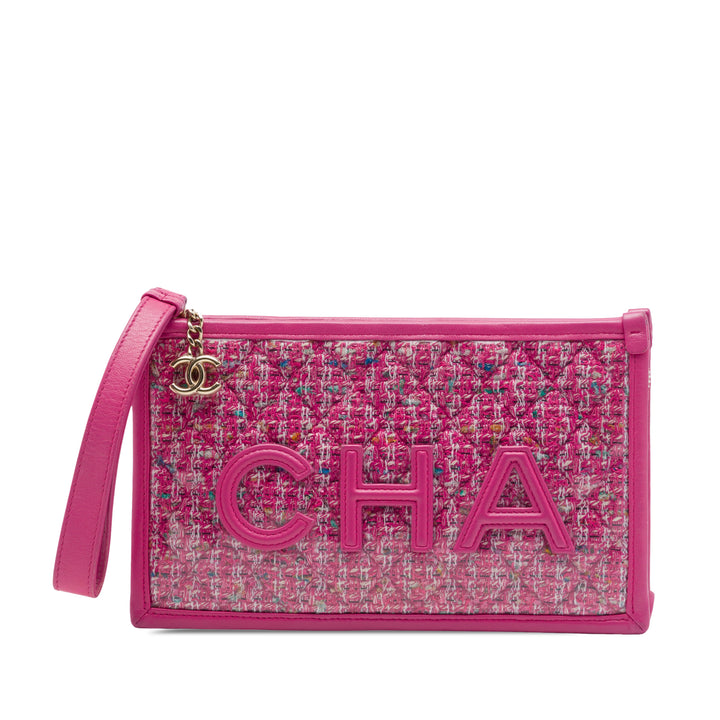 Matelassé PVC Logo Wristlet Pochette Tweed Rose