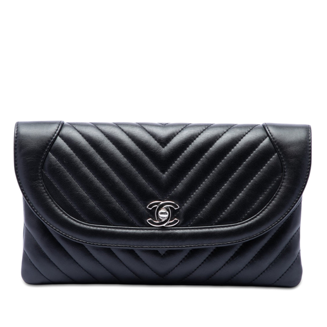 Chanel CC Chevron Rond à rabat Pochette Cuir d'agneau