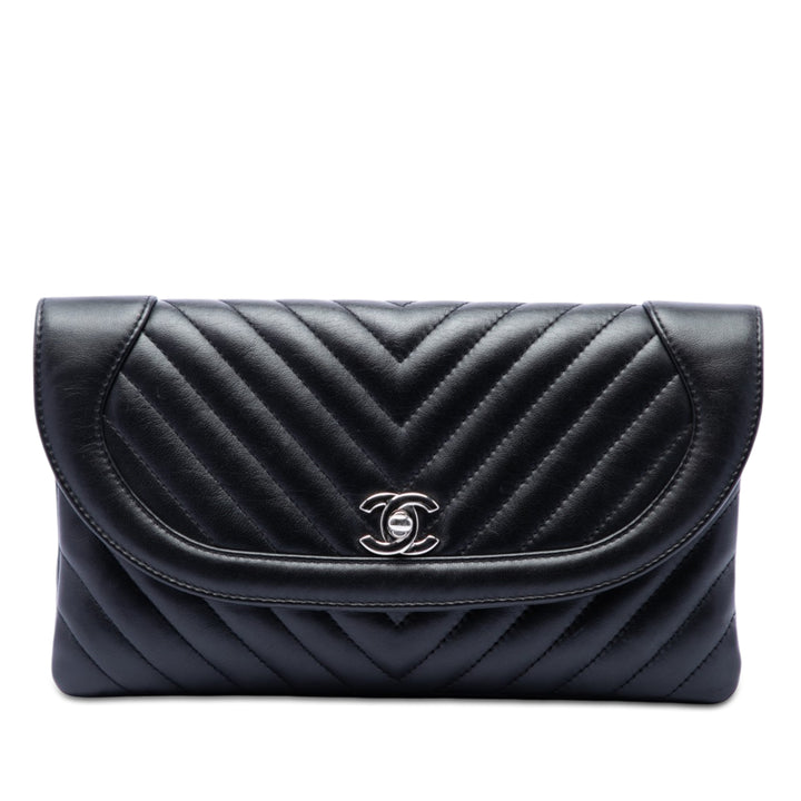 Chanel CC Chevron Rond à rabat Pochette Cuir d'agneau