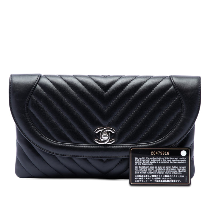Chanel CC Chevron Rond à rabat Pochette Cuir d'agneau
