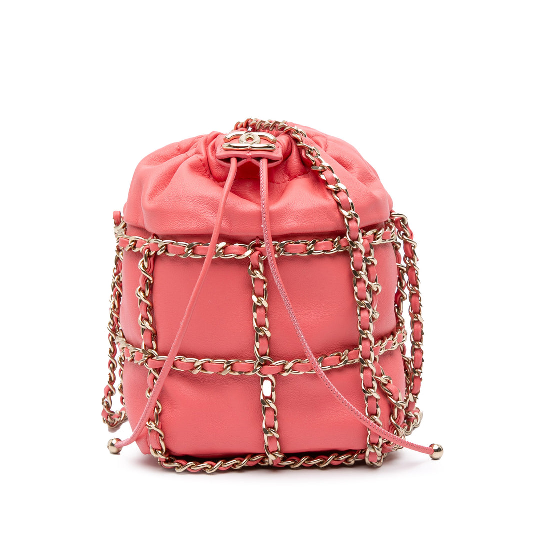 Lambskin CC Chain Frame Drawstring Bucket Bag Pink - Gaby Paris