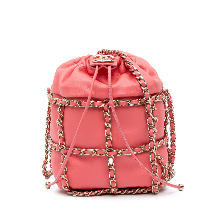 Lambskin CC Chain Frame Drawstring Bucket Bag Pink - Gaby Paris