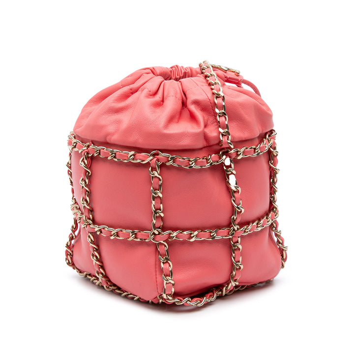 Lambskin CC Chain Frame Drawstring Bucket Bag Pink - Gaby Paris