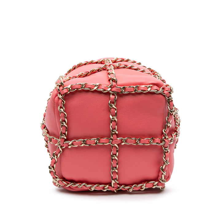 Lambskin CC Chain Frame Drawstring Bucket Bag Pink - Gaby Paris
