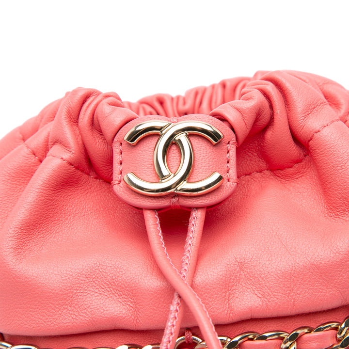 Lambskin CC Chain Frame Drawstring Bucket Bag Pink - Gaby Paris