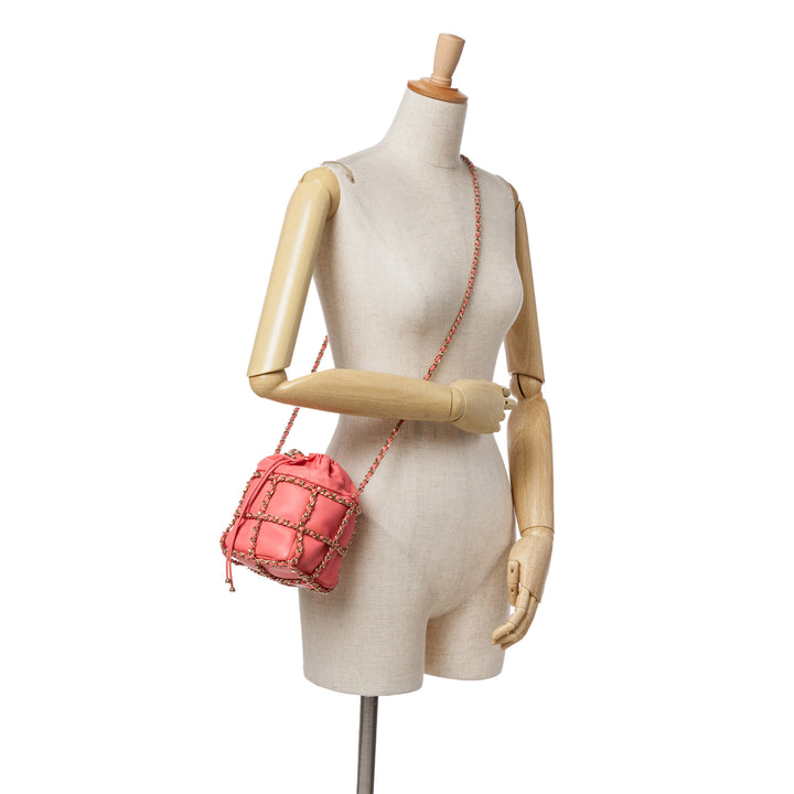 Lambskin CC Chain Frame Drawstring Bucket Bag Pink - Gaby Paris
