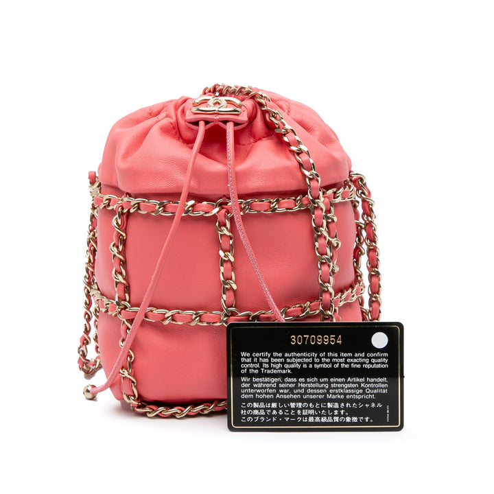 Lambskin CC Chain Frame Drawstring Bucket Bag Pink - Gaby Paris