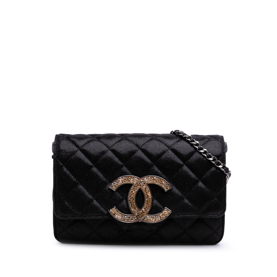 Sequined Goatskin CC Crystal Wallet On Chain Black - Gaby Paris