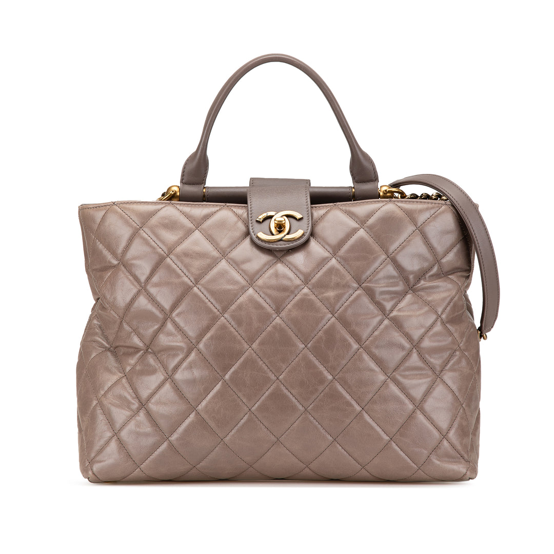 Quilted Glazed Calfskin Gold Bar Tote Brown - Gaby Paris