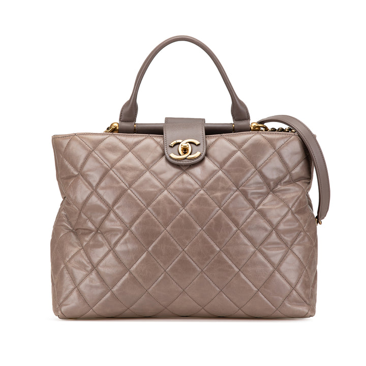 Quilted Glazed Calfskin Gold Bar Tote Brown - Gaby Paris