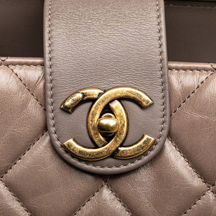 Quilted Glazed Calfskin Gold Bar Tote Brown - Gaby Paris