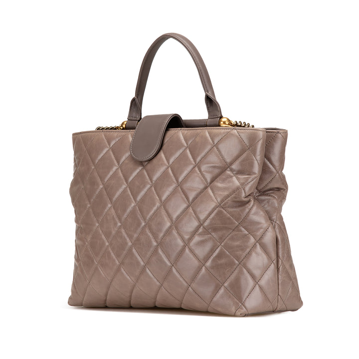 Quilted Glazed Calfskin Gold Bar Tote Brown - Gaby Paris