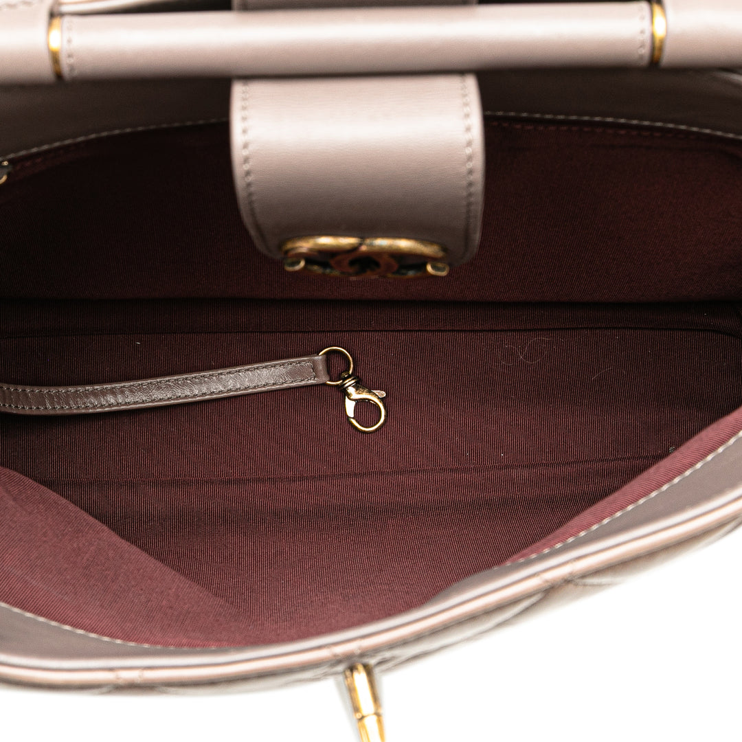 Quilted Glazed Calfskin Gold Bar Tote Brown - Gaby Paris