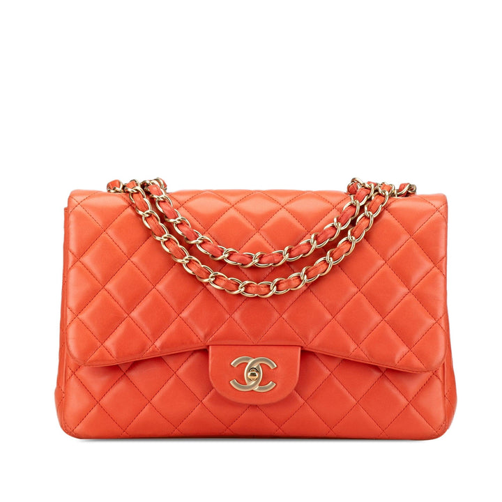 Jumbo Classic Lambskin Single Flap Orange - Gaby Paris