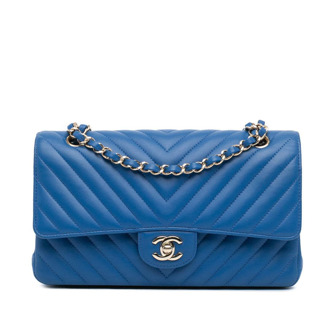 Medium Classic Chevron Lambskin Double Flap Blue - Gaby Paris