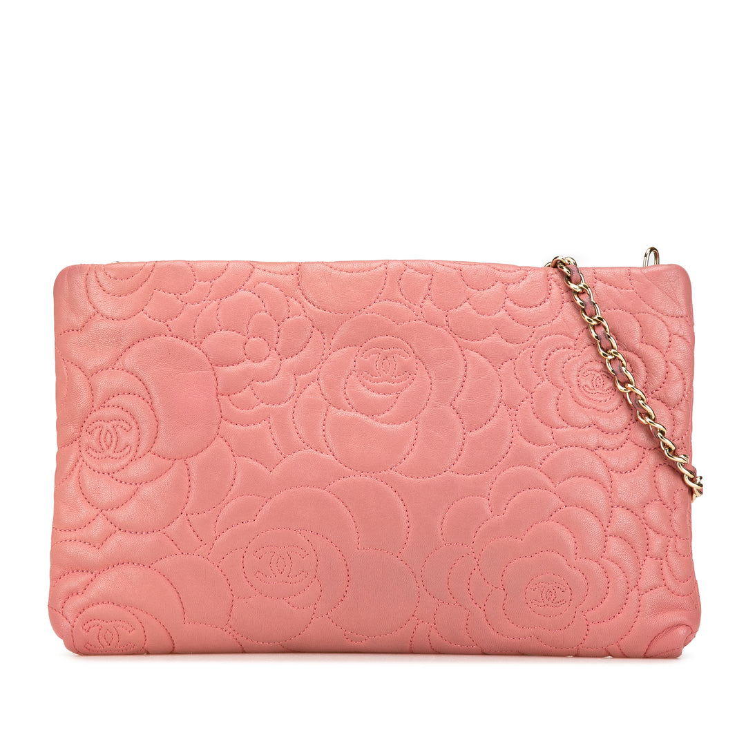 Embossed Lambskin Camellia Chain Pochette Pink - Gaby Paris