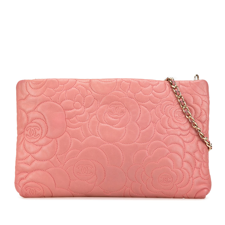 Embossed Lambskin Camellia Chain Pochette Pink - Gaby Paris