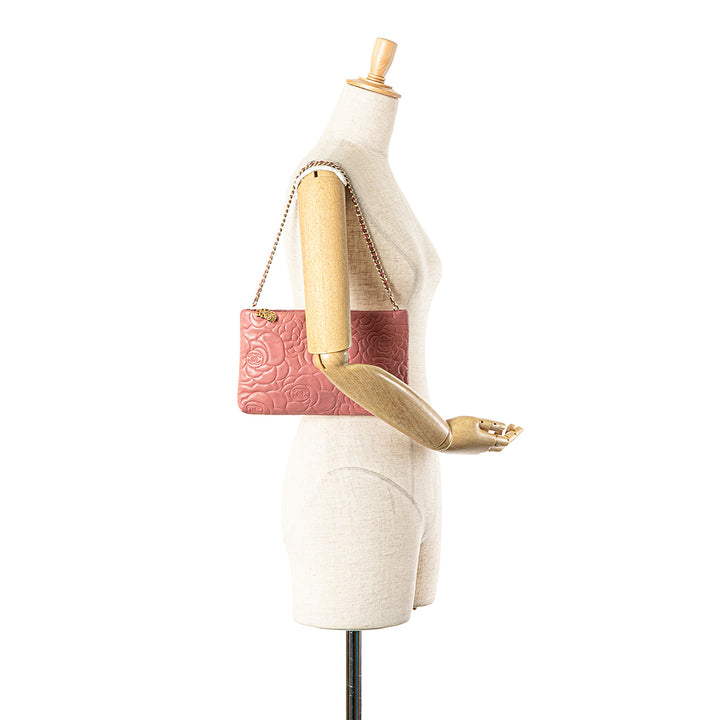 Embossed Lambskin Camellia Chain Pochette Pink - Gaby Paris