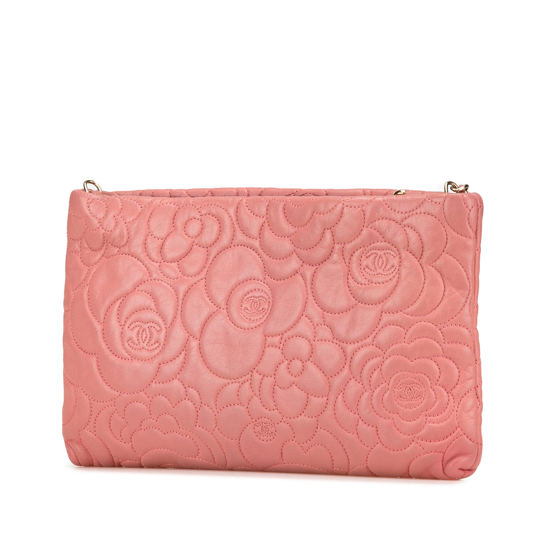 Embossed Lambskin Camellia Chain Pochette Pink - Gaby Paris