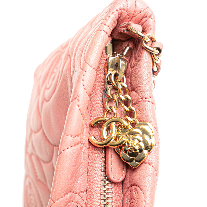 Embossed Lambskin Camellia Chain Pochette Pink - Gaby Paris