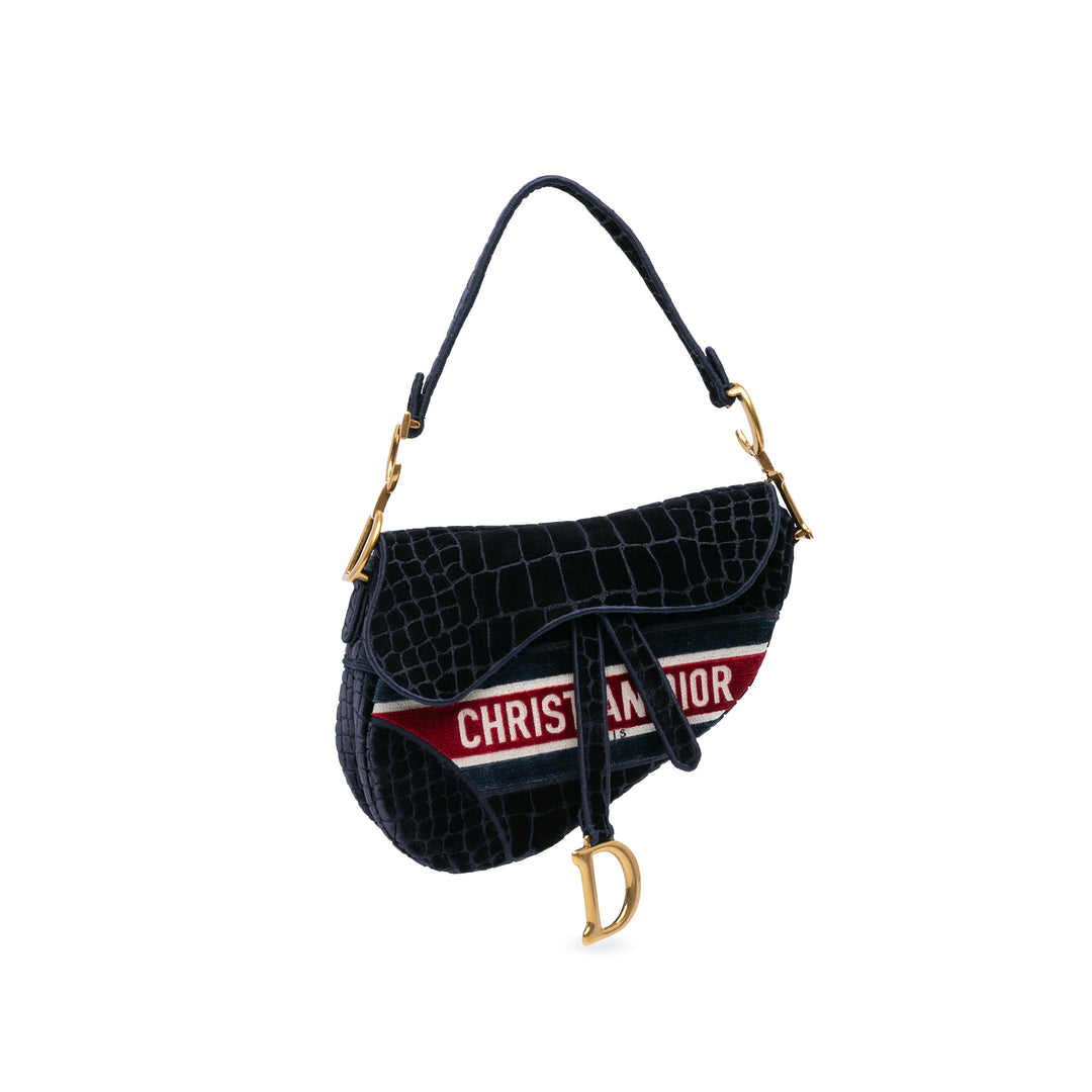 Velvet Crocodile Effect Embroidered Saddle Bag Blue - Gaby Paris