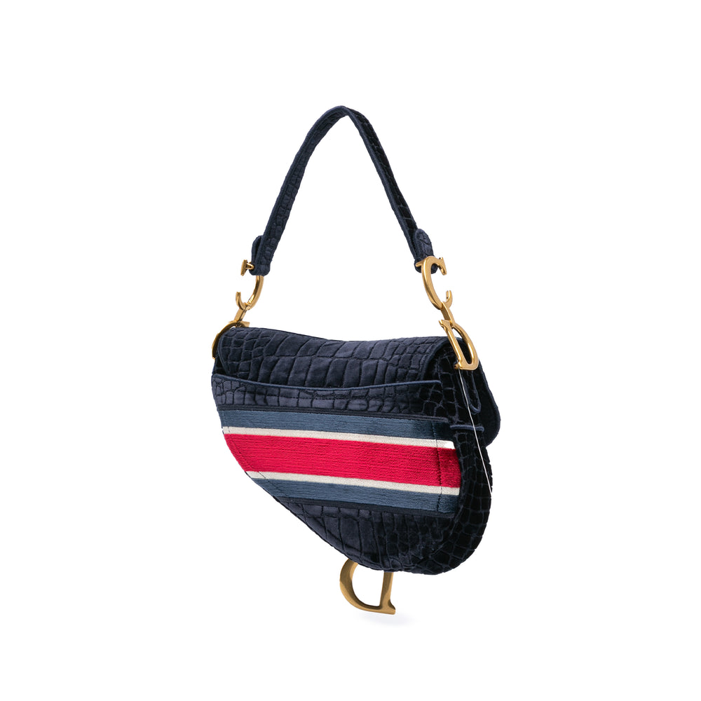 Velvet Crocodile Effect Embroidered Saddle Bag Blue - Gaby Paris
