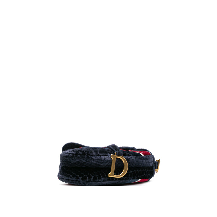 Velvet Crocodile Effect Embroidered Saddle Bag Blue - Gaby Paris