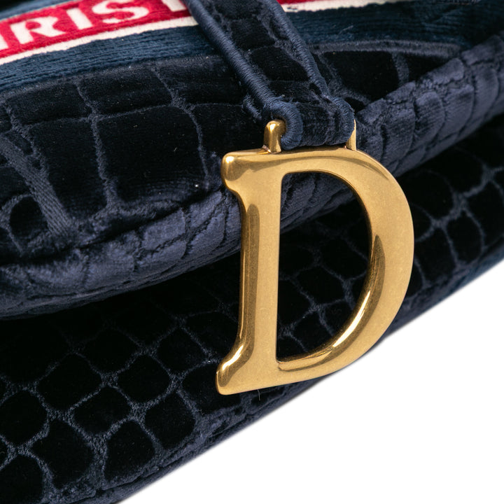 Velvet Crocodile Effect Embroidered Saddle Bag Blue - Gaby Paris