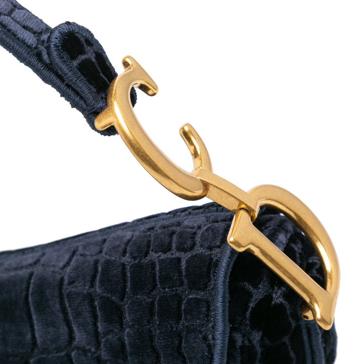 Velvet Crocodile Effect Embroidered Saddle Bag Blue - Gaby Paris