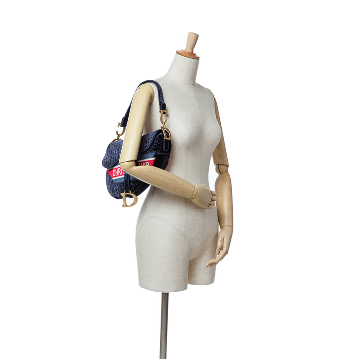 Velvet Crocodile Effect Embroidered Saddle Bag Blue - Gaby Paris