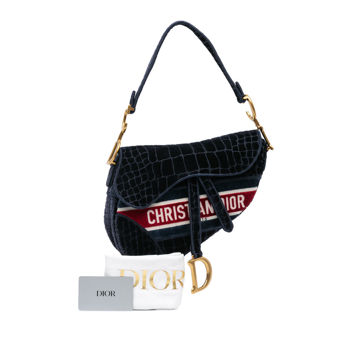 Velvet Crocodile Effect Embroidered Saddle Bag Blue - Gaby Paris