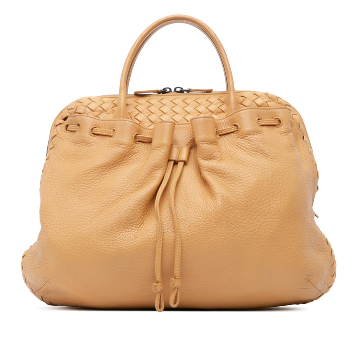 Intrecciato Trimmed Leather Handbag Brown - Gaby Paris
