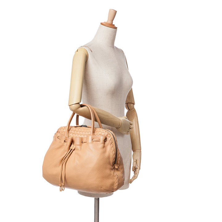 Intrecciato Trimmed Leather Handbag Brown - Gaby Paris