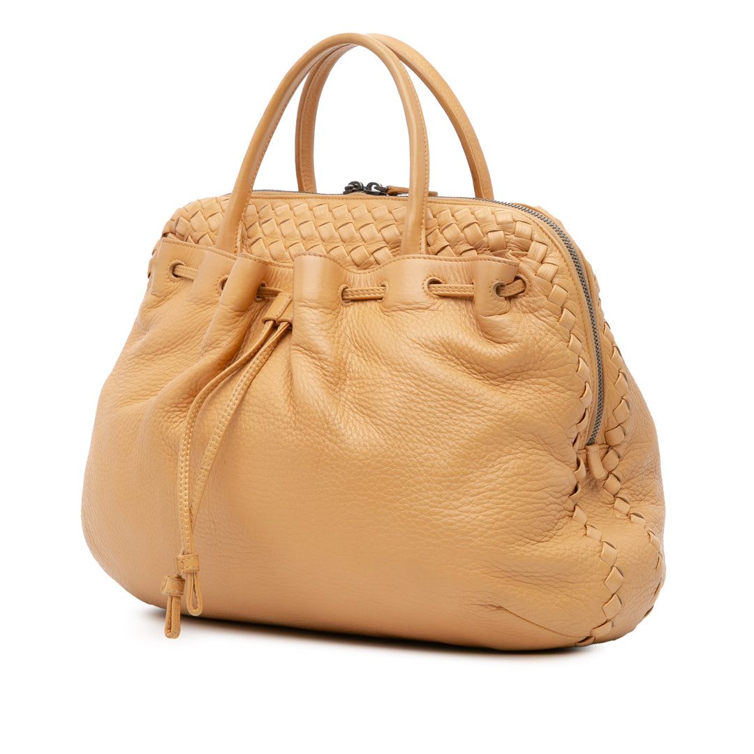 Intrecciato Trimmed Leather Handbag Brown - Gaby Paris