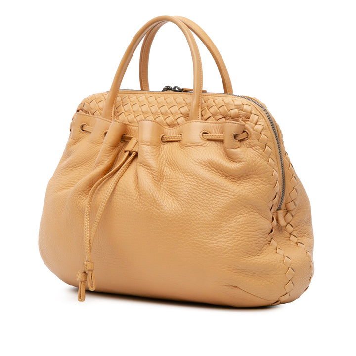 Intrecciato Trimmed Leather Handbag Brown - Gaby Paris