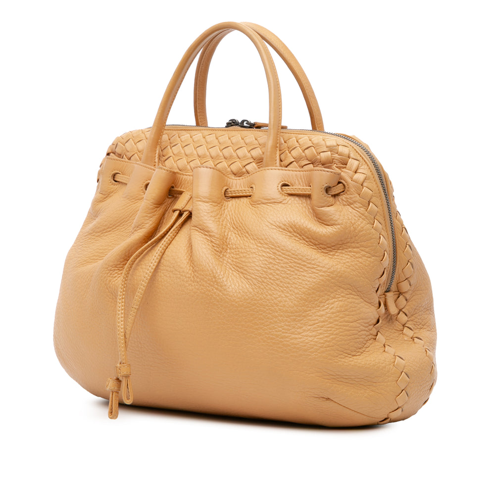 Intrecciato Trimmed Leather Handbag Brown - Gaby Paris