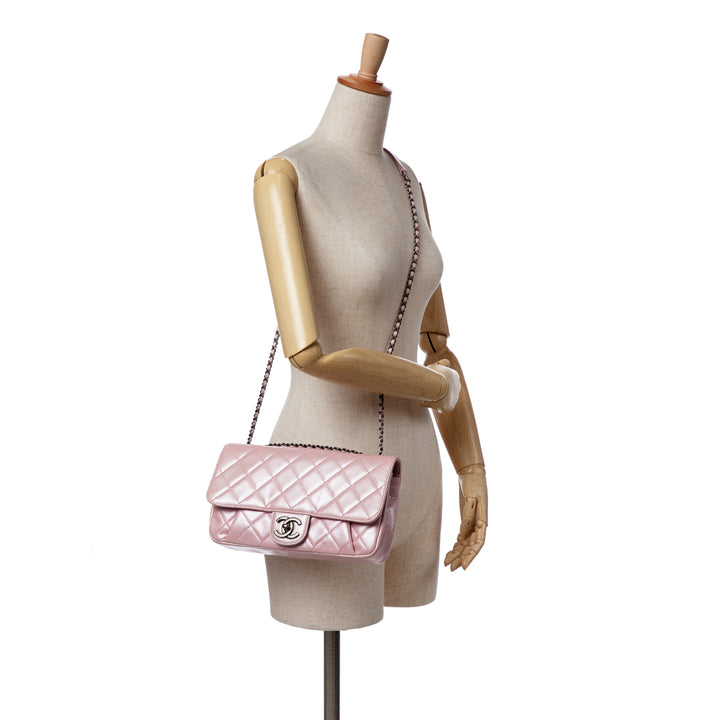 Medium Quilted Metallic Calfskin Coco Pleats Chain Flap Pink - Gaby Paris