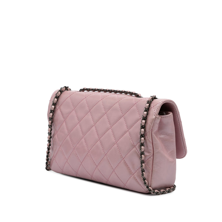 Medium Quilted Metallic Calfskin Coco Pleats Chain Flap Pink - Gaby Paris