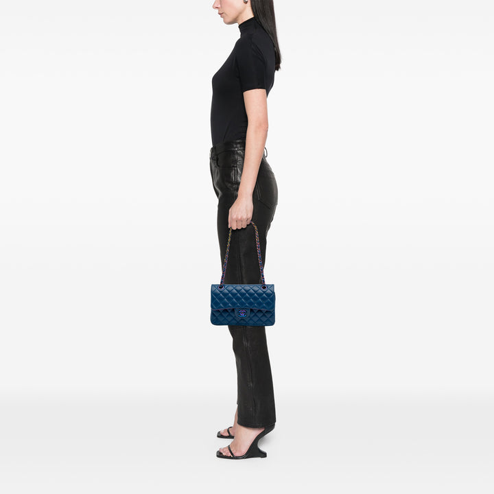 Small Classic Lambskin Rainbow Double Flap Blue - Gaby Paris