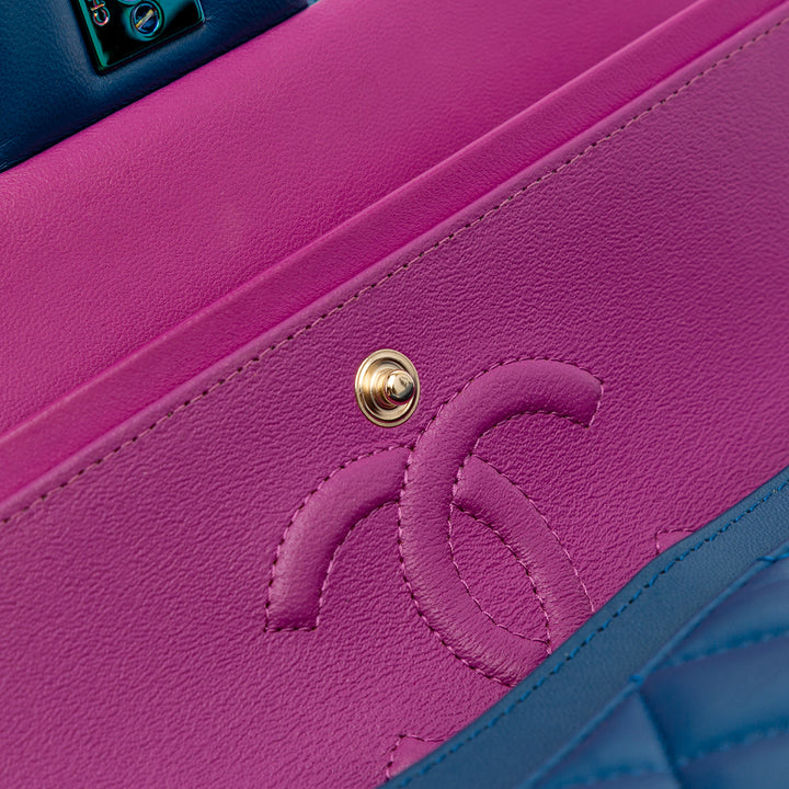 Small Classic Lambskin Rainbow Double Flap Blue - Gaby Paris